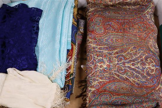 A Paisley summer shawl, various Indian stoles, sari and two scarves